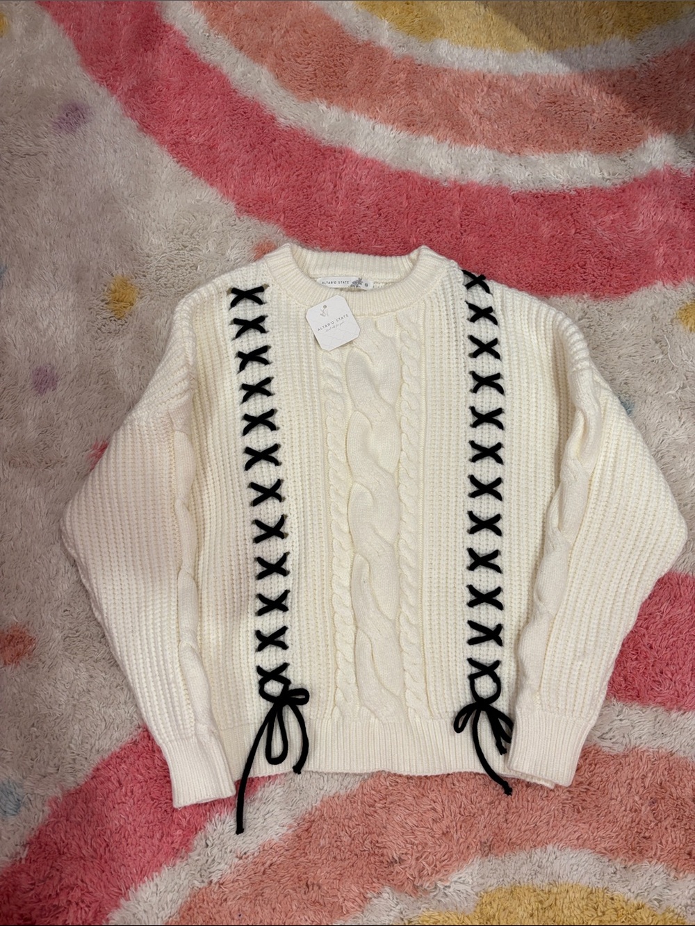 Altar'd State Cream Cable Knit Sweater with Black Lace-Up Detail